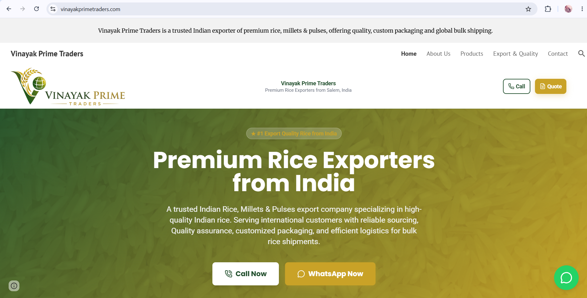 Exports website โ vinayakprimetraders.com