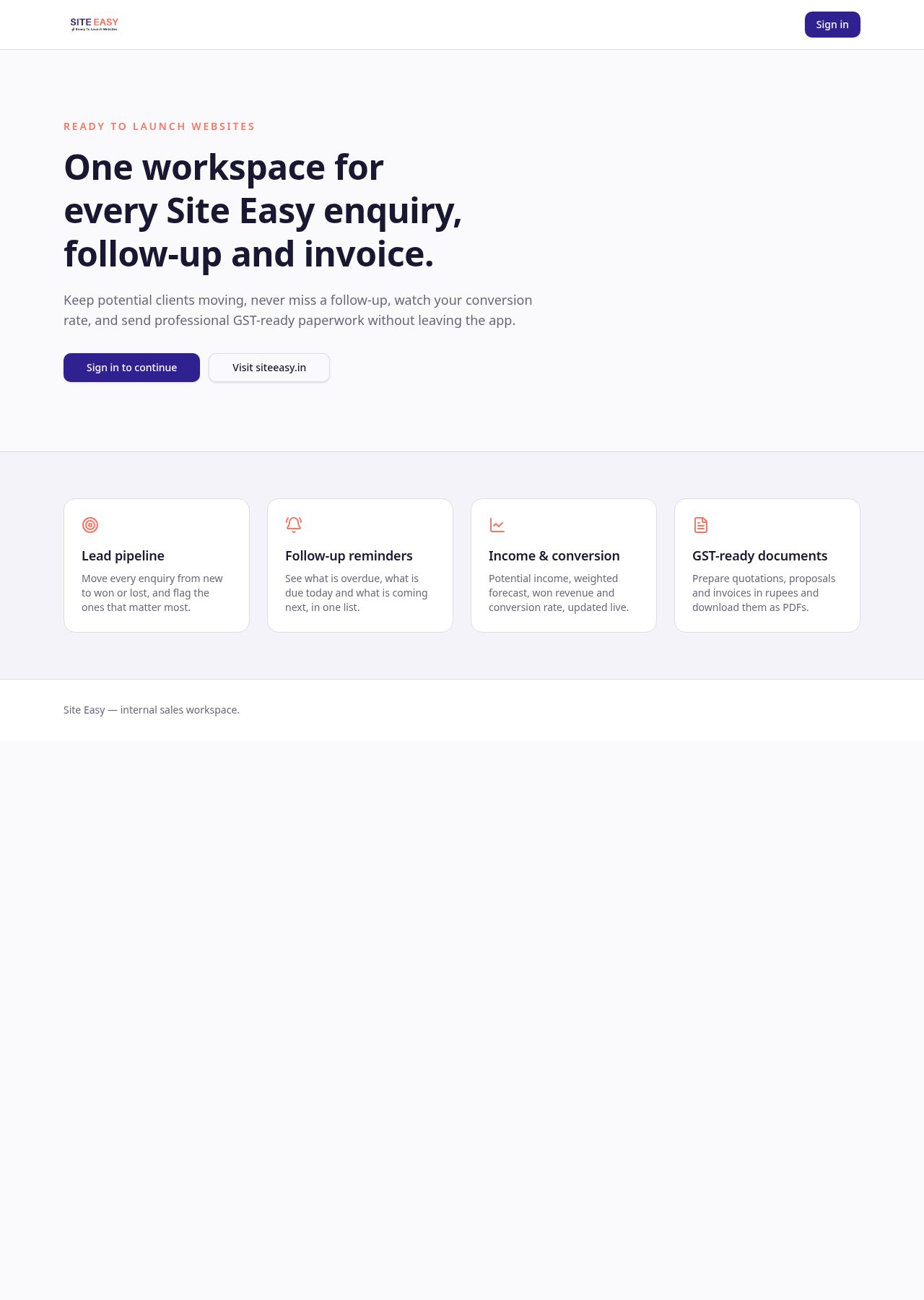 An internal sales workspace for Site Easy